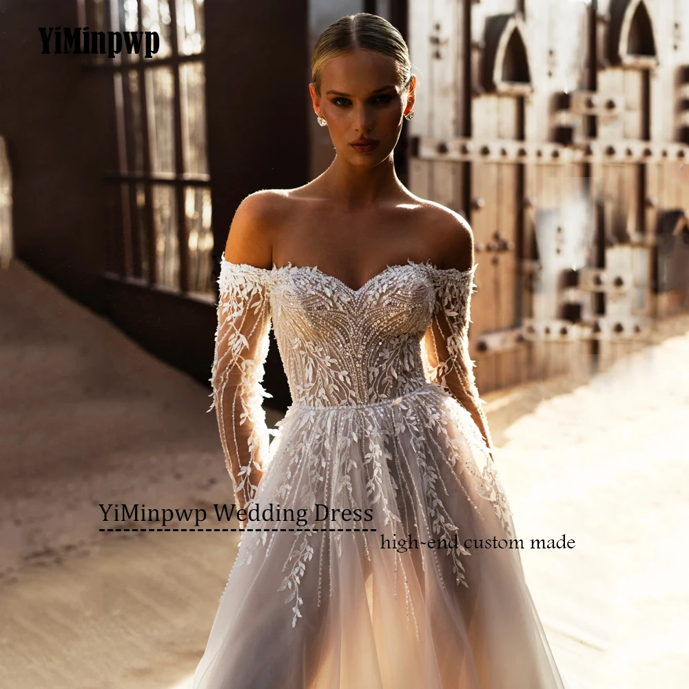 패션 웨딩 드레스 아플리케 오프 숄더 구슬 장식 풀 슬리브 a 라인 럭셔리 신부 드레스 스윕 기차 맞춤형