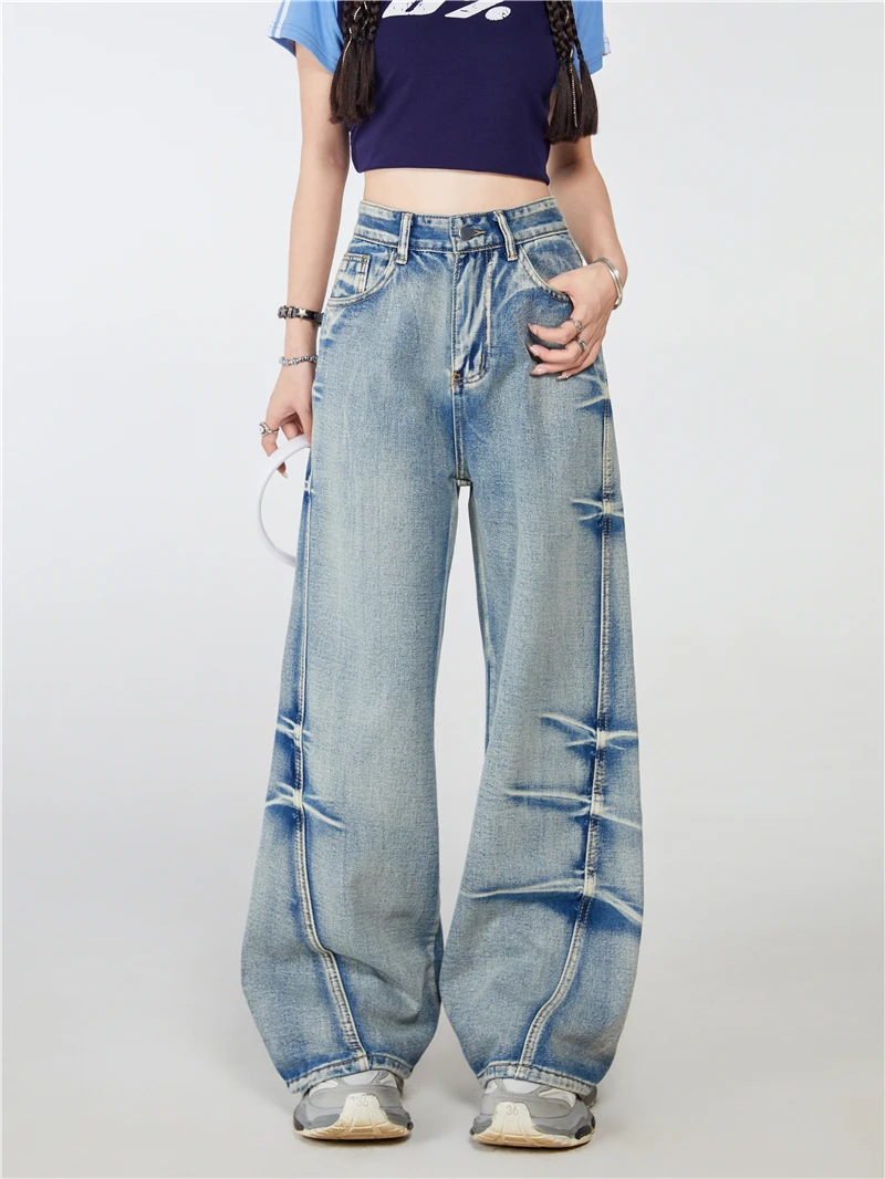 Spring Autumn American Retro Wide Leg Casual Loose Jeans Korean Fashion Women's High-waisted Vintage Female Summer Pants Waist