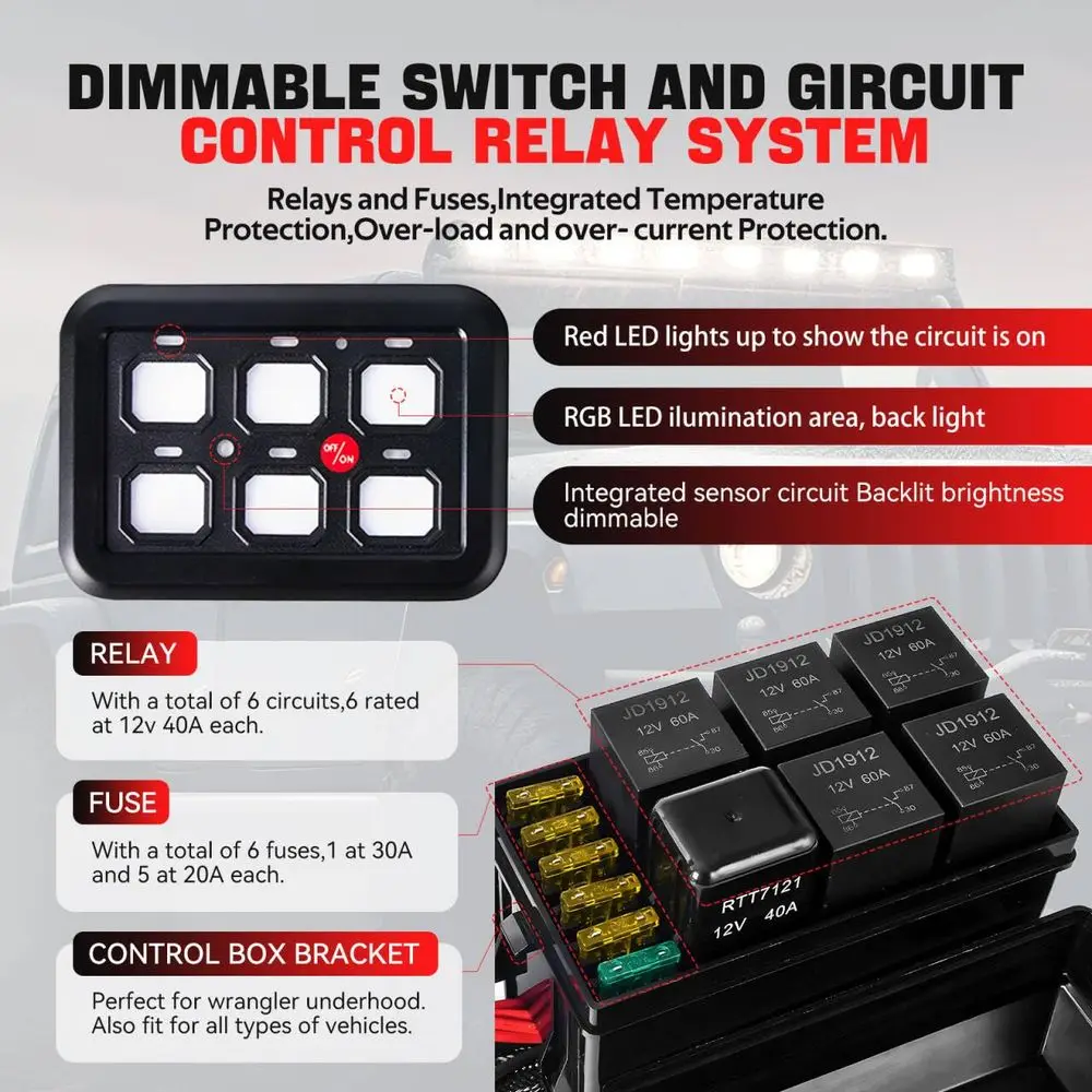 6 Gang Switch Panel with Automatic Dimmable On-Off LED Switch Pod Universal Circuit Control Relay System with Fuse Wiring Harnes view 2
