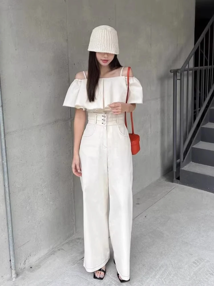 

Летняя шикарная блузка в стиле ретро + комплект широких брюк с высокой талией и кружевной отделкой, хлопковый модный женский ансамбль из двух предметов