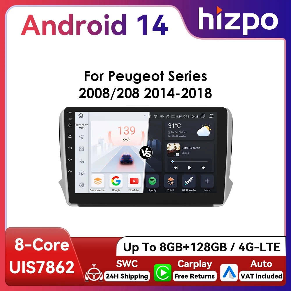 Image of 10,1" Hizpo CarPlay Bildschirm 2Din Android13 Autoradio für Peugeot 208 2008 2014 - 2018 DSP RDS WiFi BT 4G SWC GPS Navigation