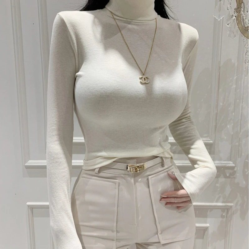 패션 여성 터틀넥 스트레치 티셔츠 여성 슬림 긴팔 티셔츠 단색 다용도 긴팔 티 섹시 크롭탑