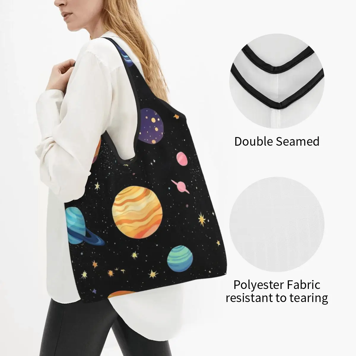 Solar System Space Planets Universe Portable Tote Shopping Bags Large Capacity Shopper Bag Grocery Handbag Shoulder Bag