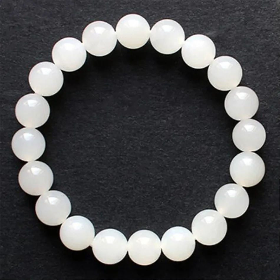 10mm White Hetian jade Gemstone Mala Bracelet 7.5 inches Cuff Wrap Unique Trendy Eco-Friendly Prayer