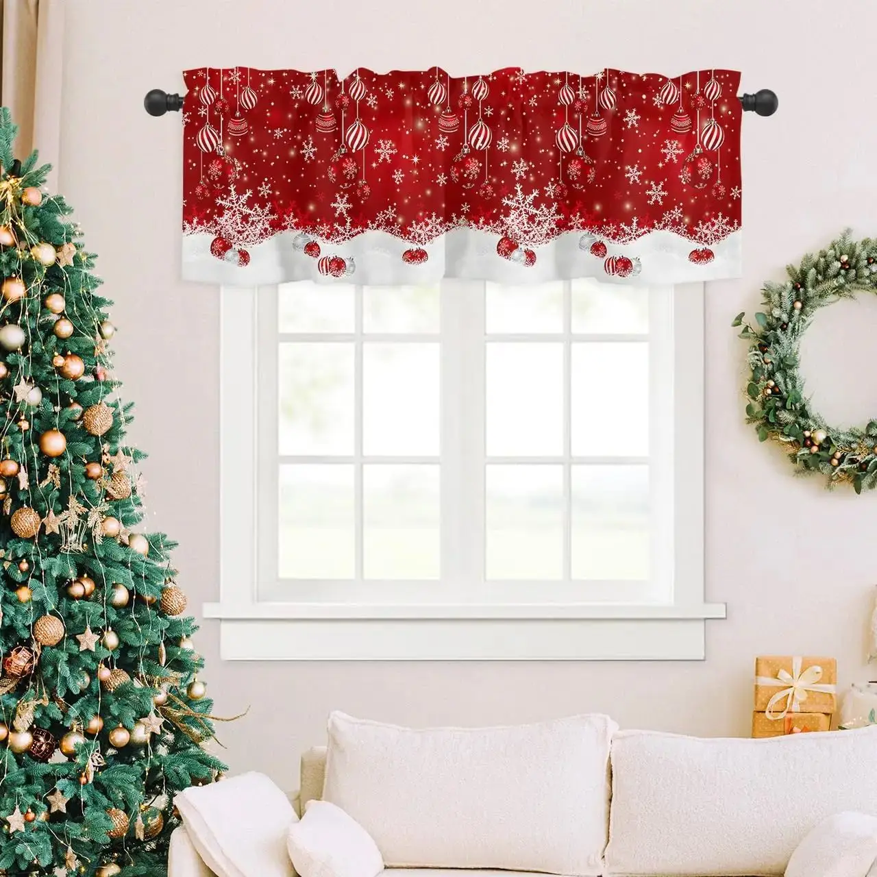 2 Panels Merry Christmas Ball Ornaments Xmas Snowflake Red Window Treatments Short Curtains Valance for Kitchen Windows Bedroom