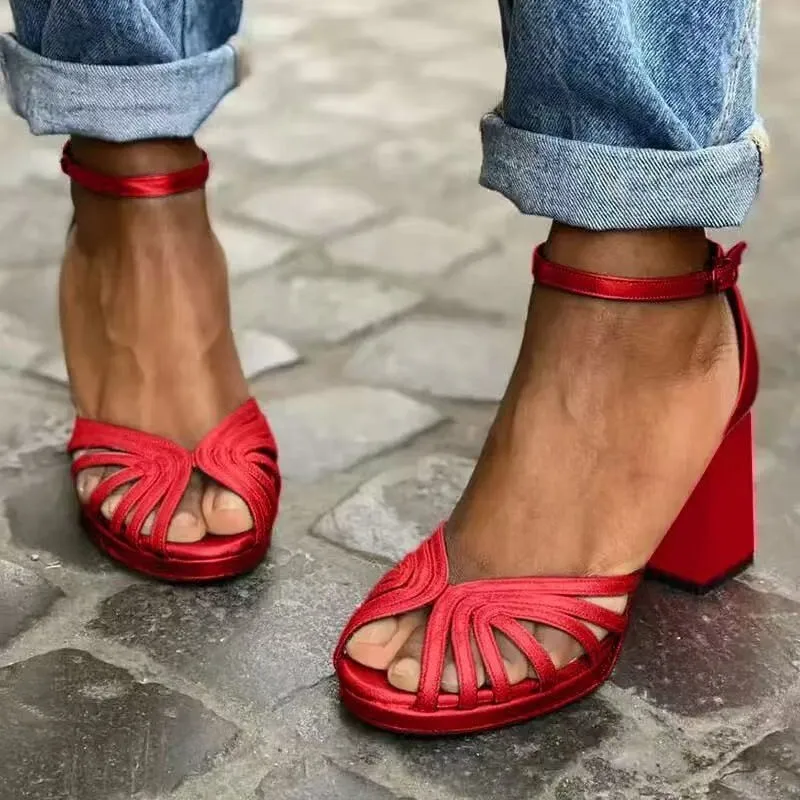 Women's Gold Sandals Ankle Strap Block Heel Peep Toe Party Shoes image 4