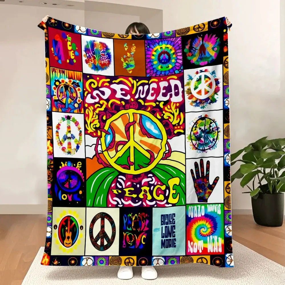 

Psychedelic Peace & Love Tie-Dye Throw Blanket - 1960s Counterculture Aesthetic, Vibrant Neon Colors, Perfect for Boho Decor, Pe