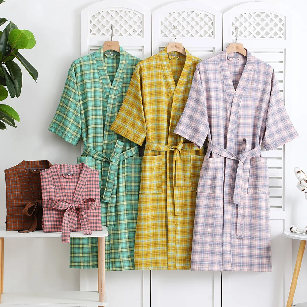 

Spring Summer New Women Plaid Kimono 100% Cotton Bathrobes Nightgown Female Robes With Big Pocket Robes Basic Hotel SPA Robe