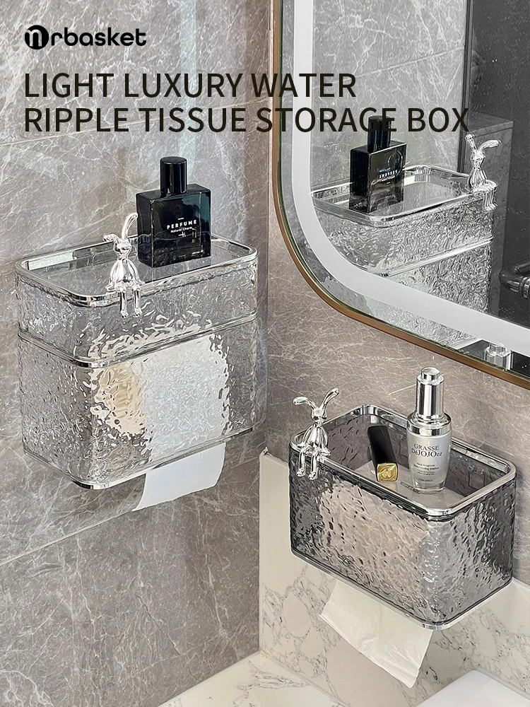 mr basket Toilet Tissue Box Wall Mounted Perforated Transparent Double-Layer Tissue Box Fashionable Bathroom Storage Rack