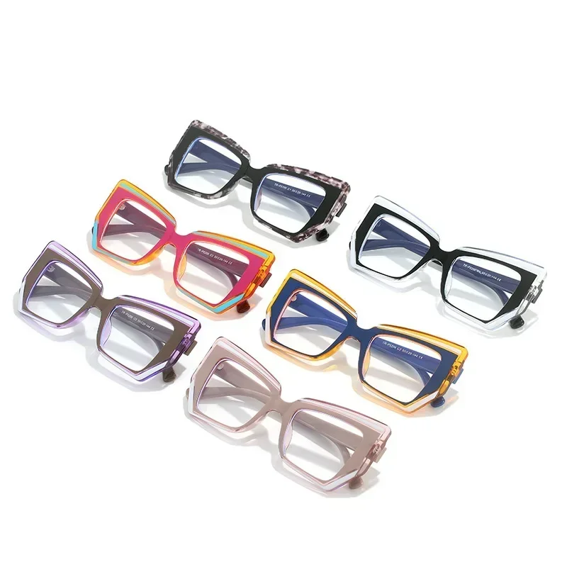 Rule Color Blocking Anti Blue Light Eyeglass Frame for Women Fashion Flat Lenses Concave Shaped Trendy Eyeglass Optical Eyewear