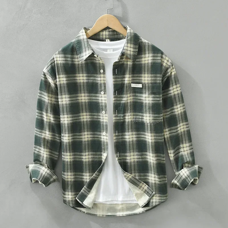 

Spring Autumn Long Sleeve Plaid Shirt Men Daily Casual Pure Cotton Soft Shirts Male Pocket Loose Shirts Japanese Vintage Clothes