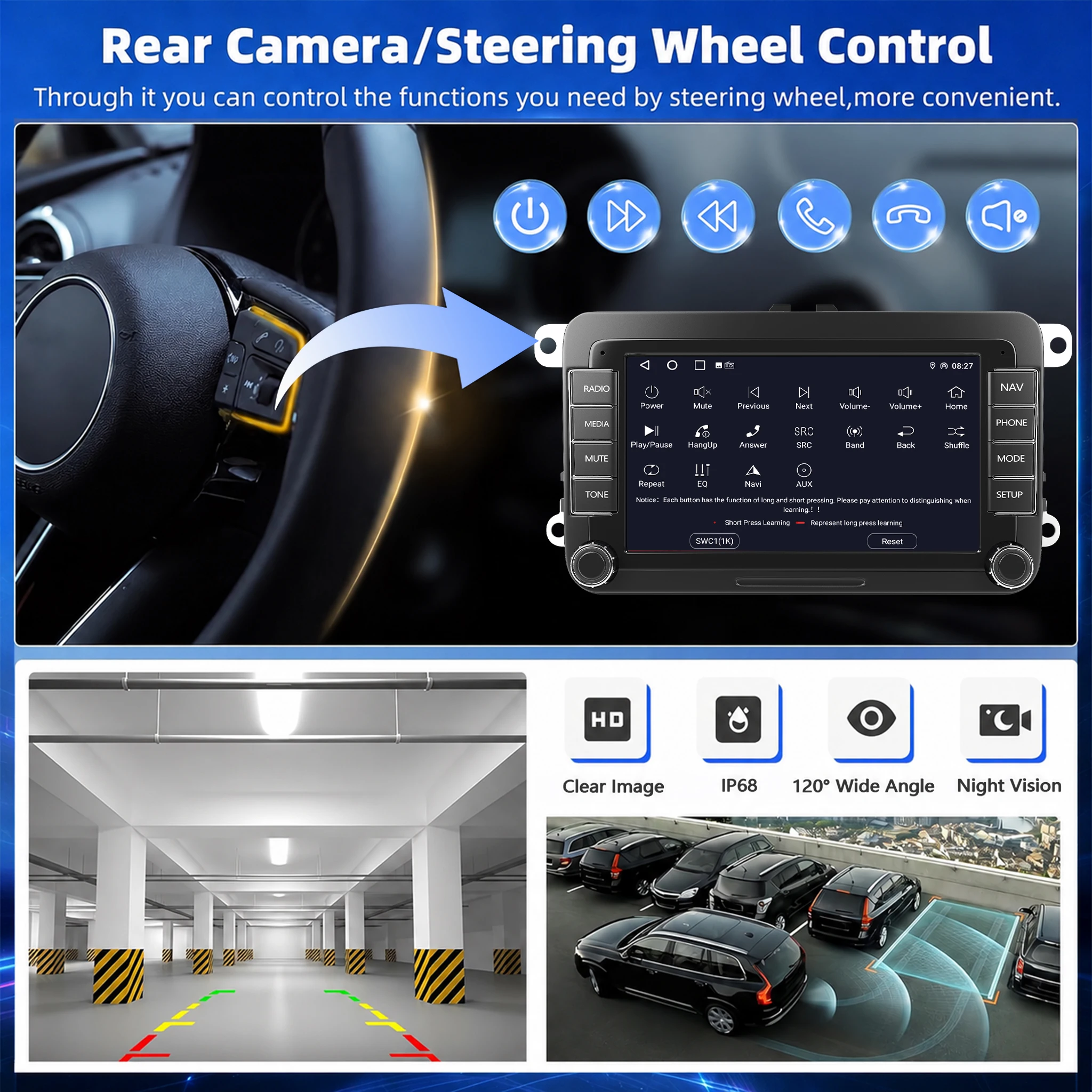 ESSGOO 7" Android15 2+64G/ 4+64G Für Seat/Skoda/VW Golf 5 6 Passat Polo Touran Tiguan Rabbit Sharan Caddy EOS T5 Autoradio mit Wireless Carplay Android Auto GPS NAVI RDS FM WIFI Bluetooth AI Sprachsteuerung Mirror Link SWC IPS Touchscreen Multimedia-Player – Detail 14