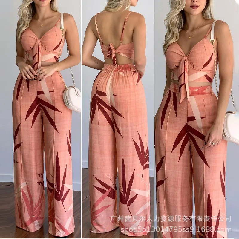 2024 Spring Summer Printed Two-Piece Suit Women Sexy Spaghetti Strap V-neck Backless Short Top High Waist Straight Pants Suit