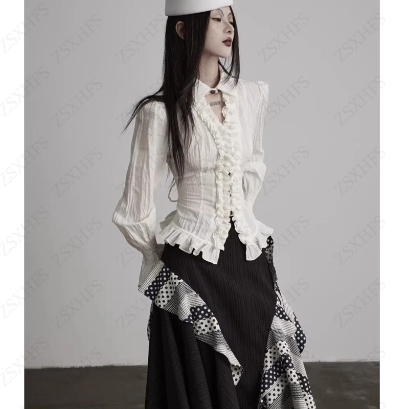 Fashionable Y2k Korea Blouse Harajuku Gentle Graceful Suit Casual Slim Long sleeves Aesthetic Trendy Pleated Skirt Short Skirts