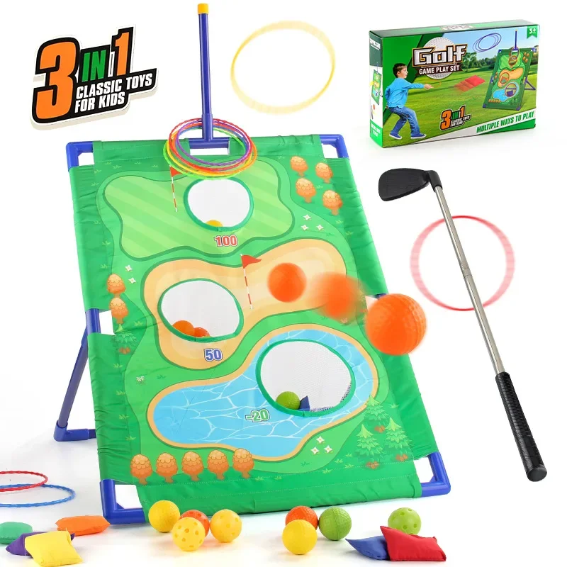 3-In-1 Children's golf Games Set Outdoor Game Portable Convenient Exercise Outdoor Golf Sport For 3/4/5/6 Years Old Kids