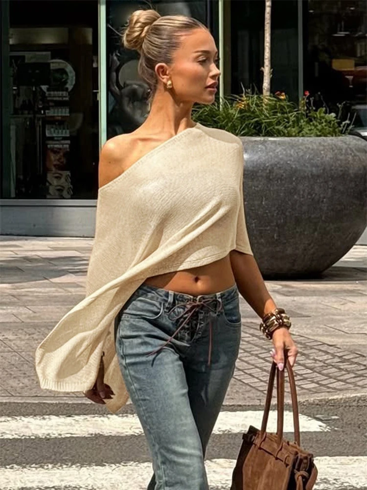 

Gtpdpllt Свободный свитер на одно плечо для женщин Осенняя одежда Повседневные пуловеры Асимметричный укороченный топ Трикотаж