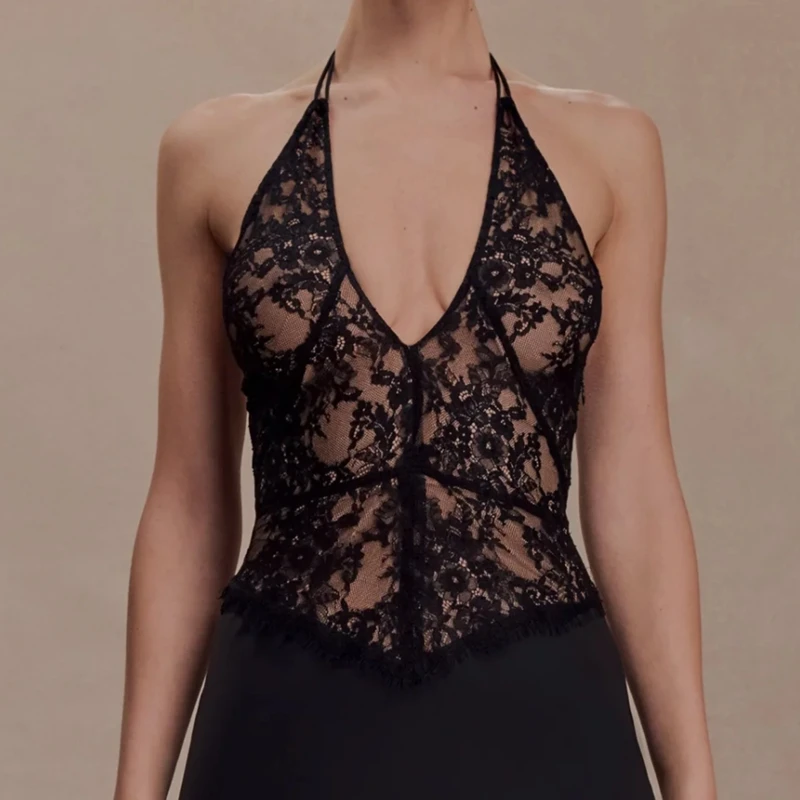Women's Keyhole Cutout Tie-up Halter Lace Vest Going Out Backless Slim Fit Club Outfit Y2k Triangle Hem Summer Y2k Camis Top