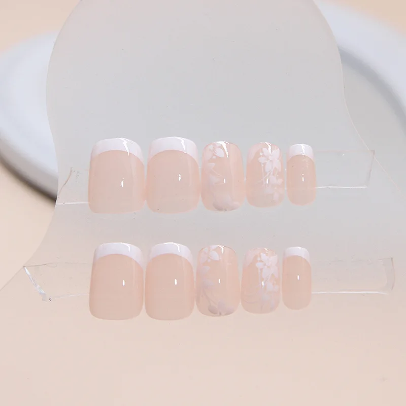 

24pcs White Line & Floral Press-On Nails - Minimalist Design on Nude Base With White Border Medium Length False Nails