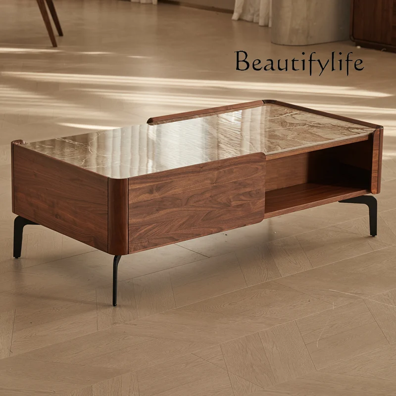 

Black walnut rock slab coffee table solid wood tea table rectangular Italian minimalist living room double-sided storage