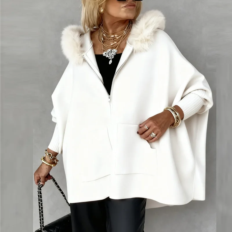 เสื้อแจ็คเก็ตคาร์ดิแกนไหมพรมมีฮู้ดแต่งขนสัตว์สำหรับฤดูหนาว  ทรงหลวม แขนทรงค้างคาว มีกระเป๋า สไตล์ลำลอง วินเทจ เหมาะสำหรับใส่เที่ยว