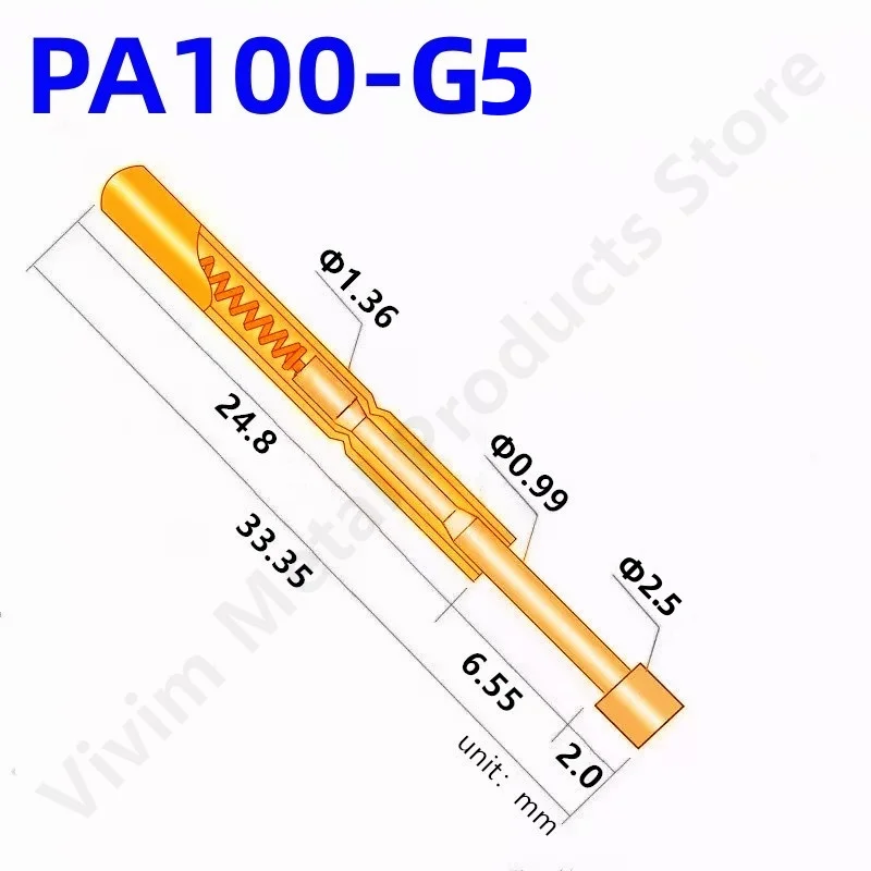 100PCS PA100-G5 Spring Test Probe PA100-G Test Pin P100-G P100-G5 Test Tool 33.35mm 1.36mm Needle Gold Tip Dia 2.5mm Pogo Pin