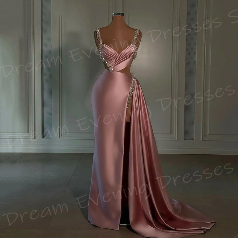 Robe de soirée sirène rose pour femme, tenue gracieuse, moderne, bretelles spaghetti, en fibre, perlée, sexy, fendue