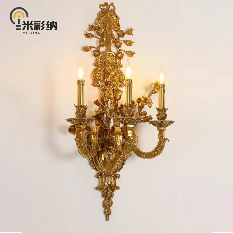 

3-head French copper wall lamp European luxury retro villa living room palace lamp