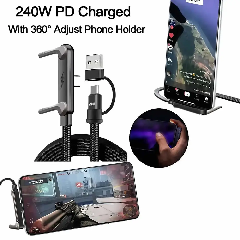 Sideways Phone Charger,Invisible Stand Charging Cable,Built In Phone Stand Charging Cord with Folding Phone Stand 2-in-1 Holder