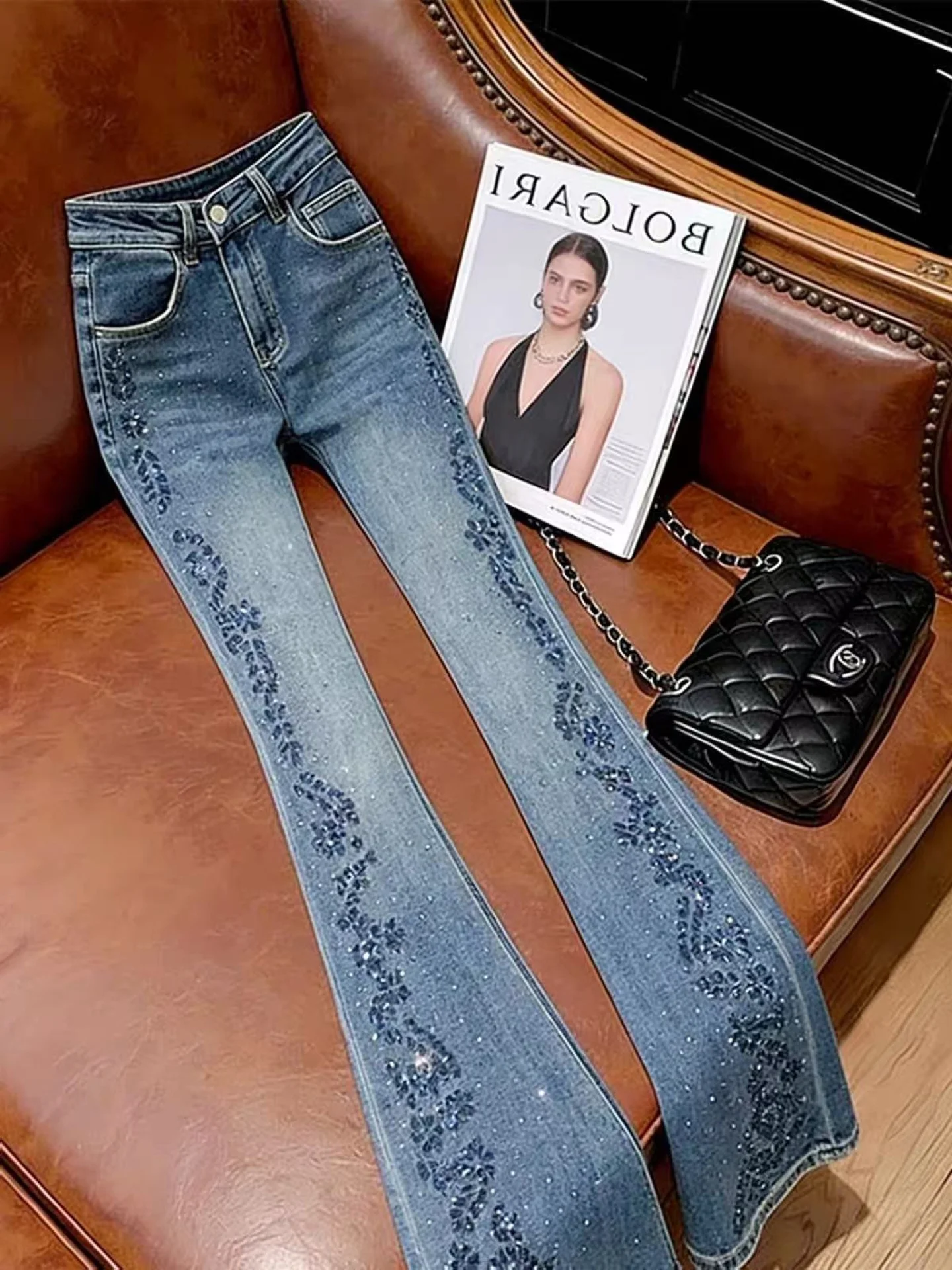 Fashionable High-Waisted Bell Bottom Jeans Women's Heavy Embellished Denim Micro Flared Pants Deep Blue Side Sparkling Diamonds