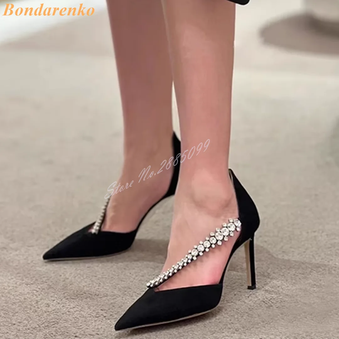 Suede Chain Straps Pumps Pointed Toe Solid Shallow Stiletto Heels Pumps Women New Style Shoes Summer Party Wedding Slip On Shoes