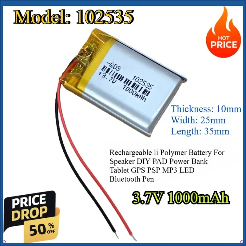 

102535 3.7V 1000mAh Rechargeable li Polymer Battery For Speaker DIY PAD Power Bank Tablet GPS PSP MP3 LED Bluetooth Pen