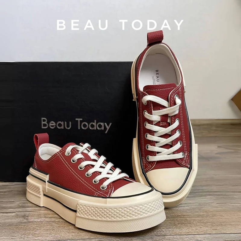 BEAUTODAY Canvas Shoes Women Split Leather Solid Color Spring Outdoors Lace-up Ladies Shoes Handmade 29248