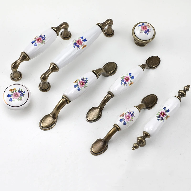 Retro Rural Ceramic Pattern Kitchen Drawer Handles Antique Furniture Cabinet Knob Wardrobe Dresser Shoe Cabinets Door Pulls