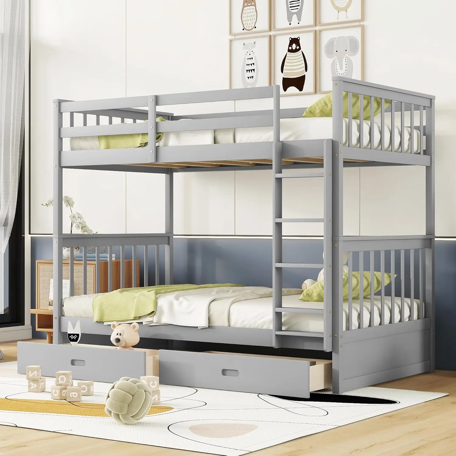 

Twin Over Twin Bunk Bed With Storage Drawers, Solid Pine Wood Frame And Ladder With Guard Rails For Kids, Teens, Boys And