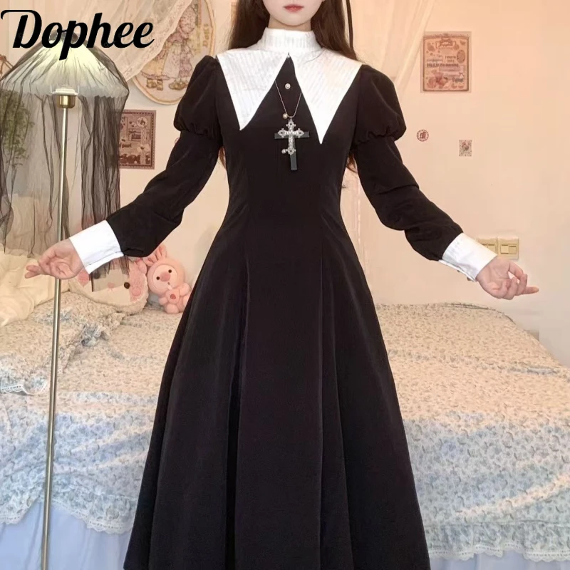 Dophee Lolita Clothing Nun Gothic Elegant Ultra Long Dress Halloween Cos Stand Collar Long Sleeve Dress Cross Detachable Collar