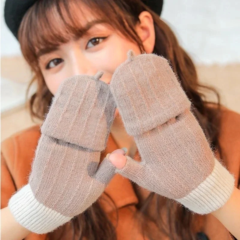 Cute Women Knitted Flip Half Finger Gloves, Plush Lined Winter Thermal Mittens Korean Style for Cycling Running Outdoor Sports