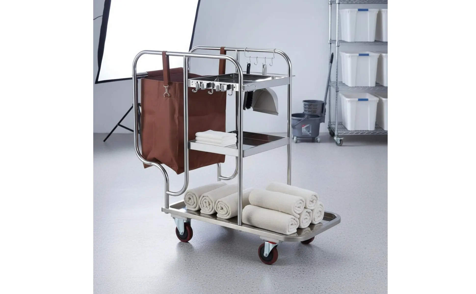 Stainless Steel Janitorial Cart Sturdy Duty Multi-Shelf Cleaning Trolley Business Cleaning Pushcart Large Capacity for Hospital