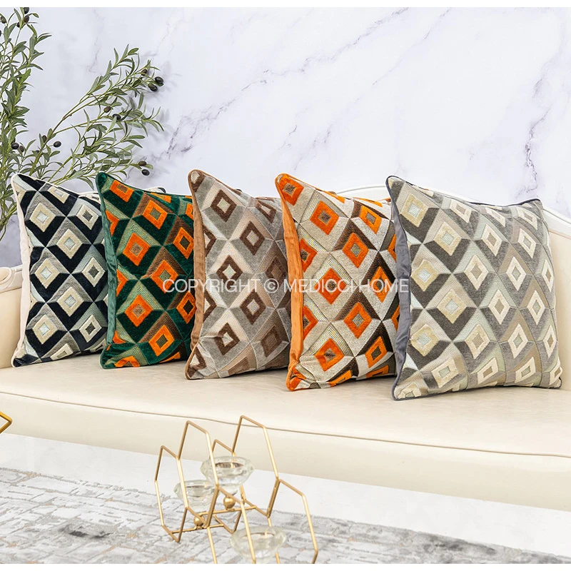 Medicci Home Modern Striking Geometric Diamond Pattern Decorative Cushion Covers Sumptuous Cut Velvet Pillow Case For Sofa Couch