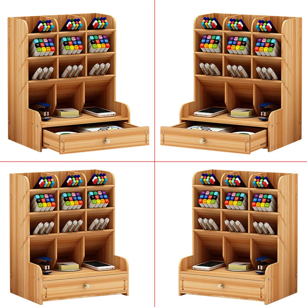 Wooden Pen Holder Desktop Storage Shelf Cherry Large Capacity Multi-Divided Organizer for Pens Paperclips Scissors Notebooks