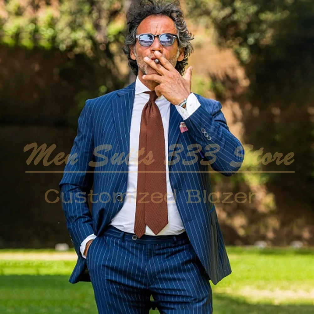 

Slim Fit Pinstripe Men's Suits Fashion Single Breasted Notch Lapel 2 Piece Jacket Pants Full Sets High Quality Male Clothing