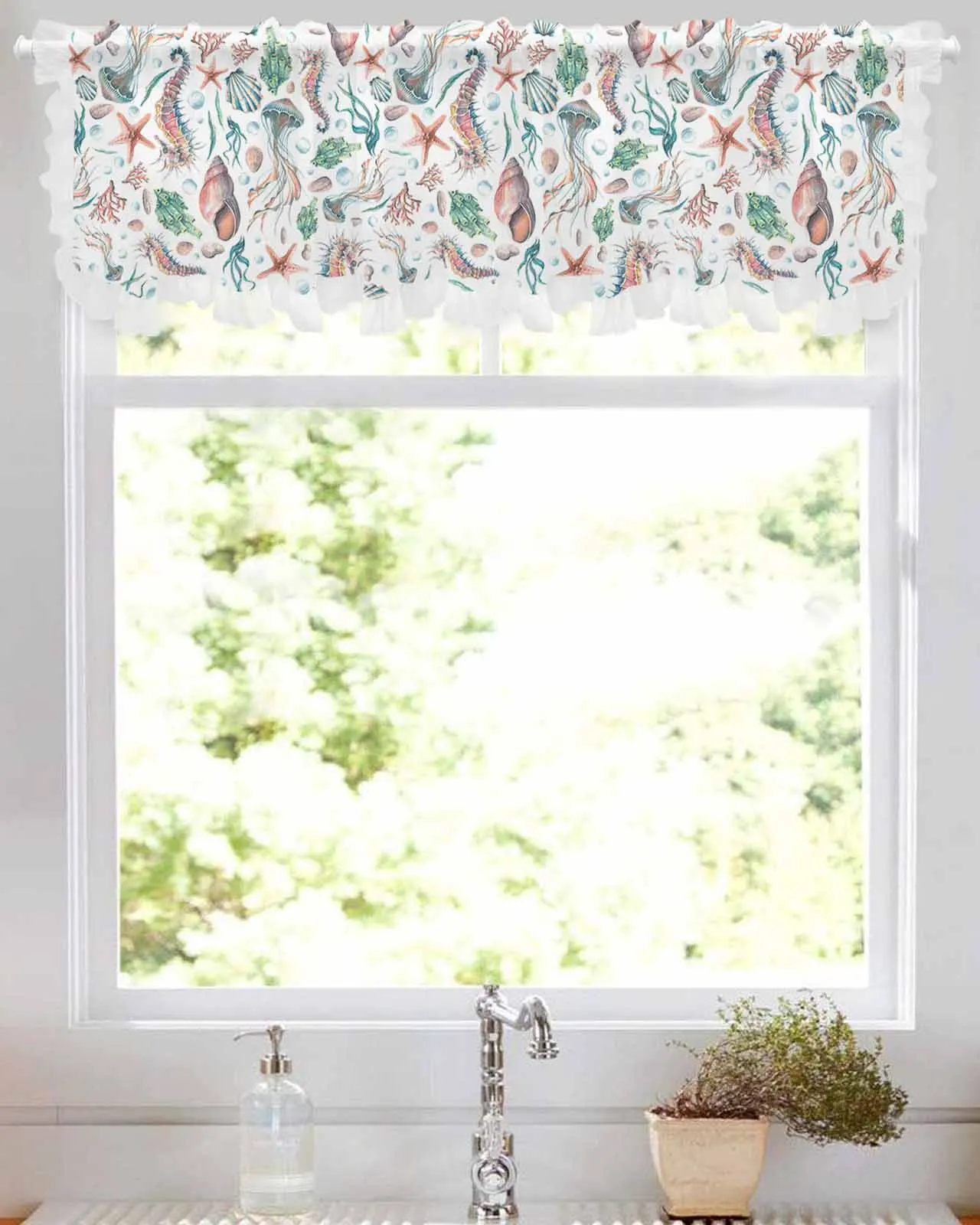 Sea Life Starfish Watercolor Short Tulle Half Curtains for Living Room Kitchen Door Cafe Window Sheer Valance Drapes