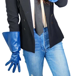 DooWay Women Navy Blue Long Leather Gloves Gauntlet Faux Leather Puff Wide Sleeve for Evening Costume Party Christmas Wedding