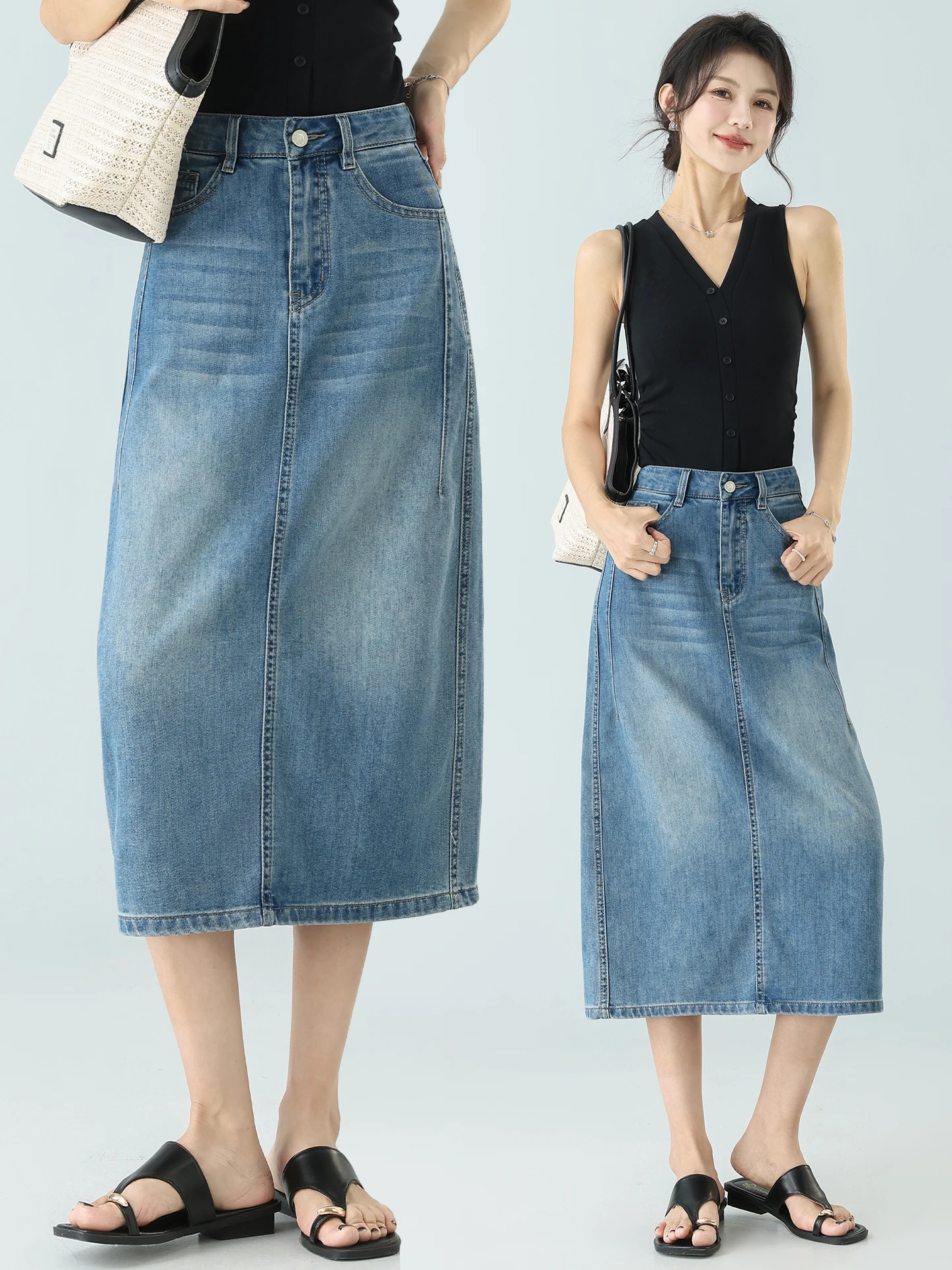Summer Thin High Waist Slim A-Line Denim  Skirt Women's Fashion Korean Style Commute Cotton Blend High Waist Skirt
