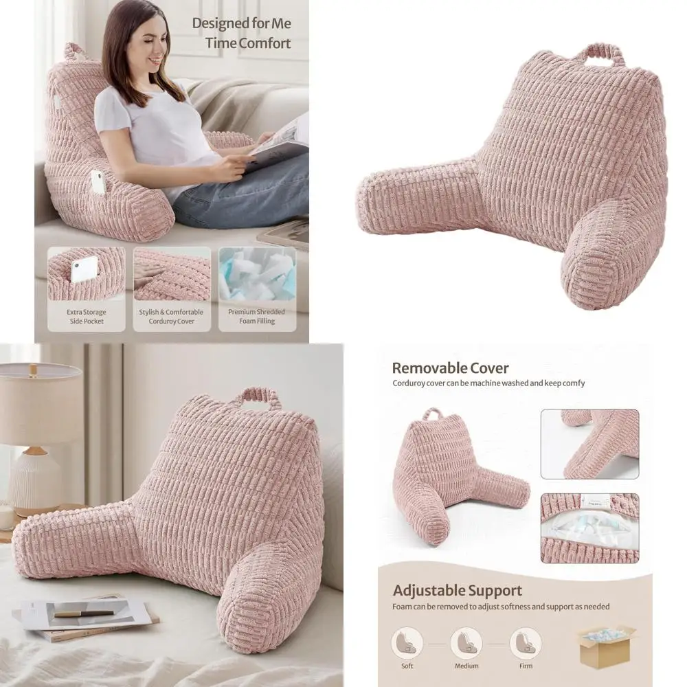 

Shredded Memory Foam Backrest Pillow with Arms for Bed and Couch, Washable Cover, Pale Pink