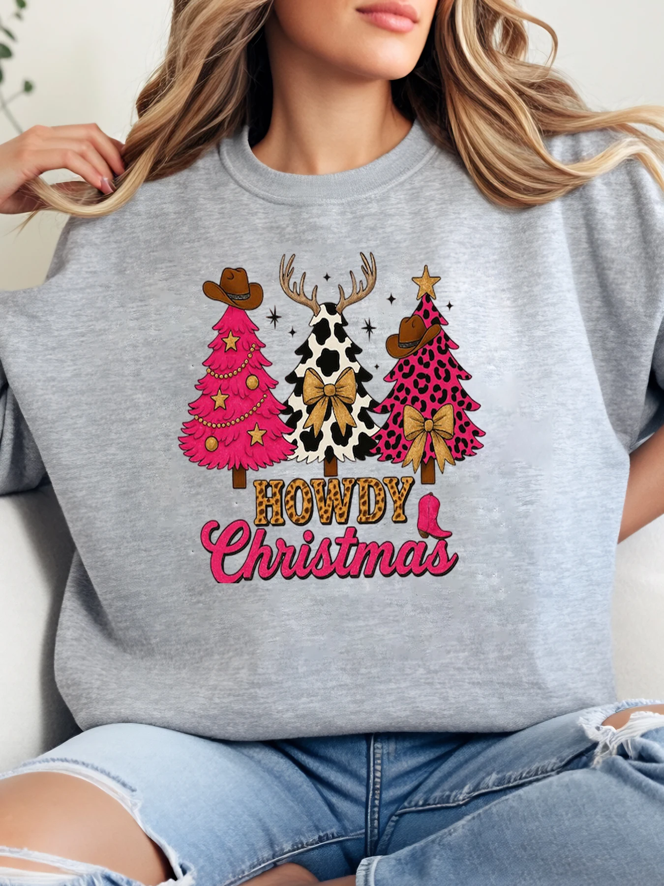 

Ковбойская рождественская елка Howdy, толстовка с рождественским принтом, женская праздничная вечеринка, повседневная, серая, больших размеров