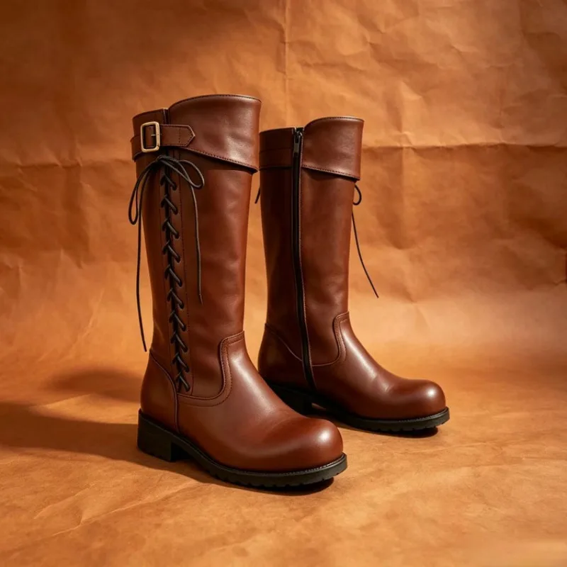 Shoes for Women Black Knee-High Footwear Winter Long Ladies Boots with Laces Lace-up on Promotion New Rock Pu British Boots