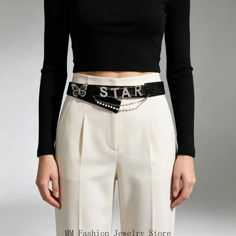 Layered Styling Waist Belt With Butterfly Front, Adjustable Wide Dress Belt for Parties, Travel, and Photos D0UB
