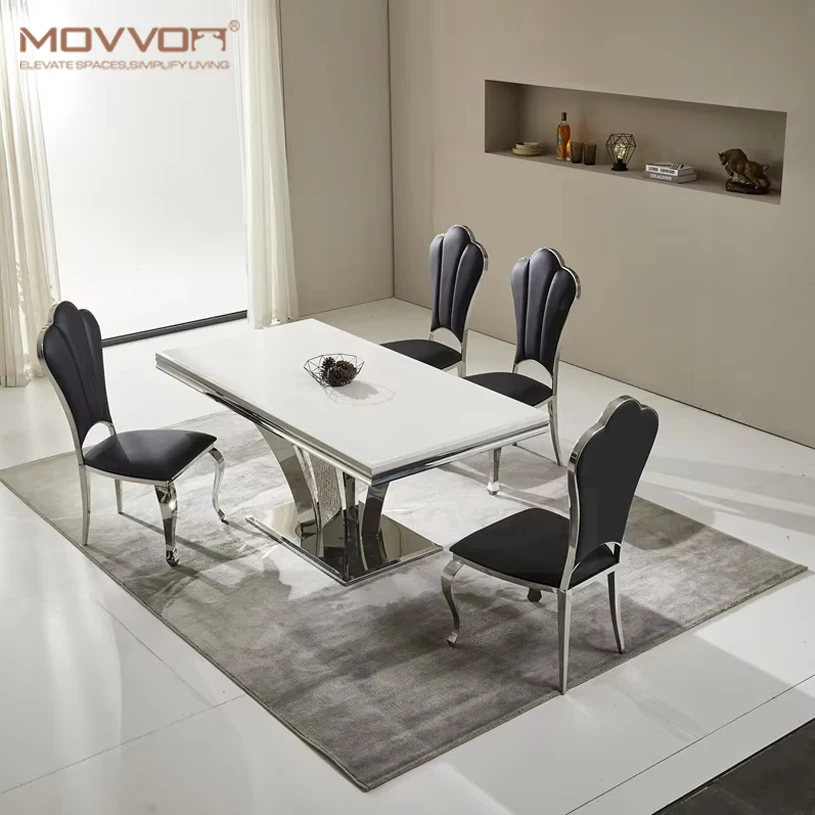 

Modern Silver Stainless Steel Frame Dining Table Set Durable with Marble Top and Comfortable Chairs