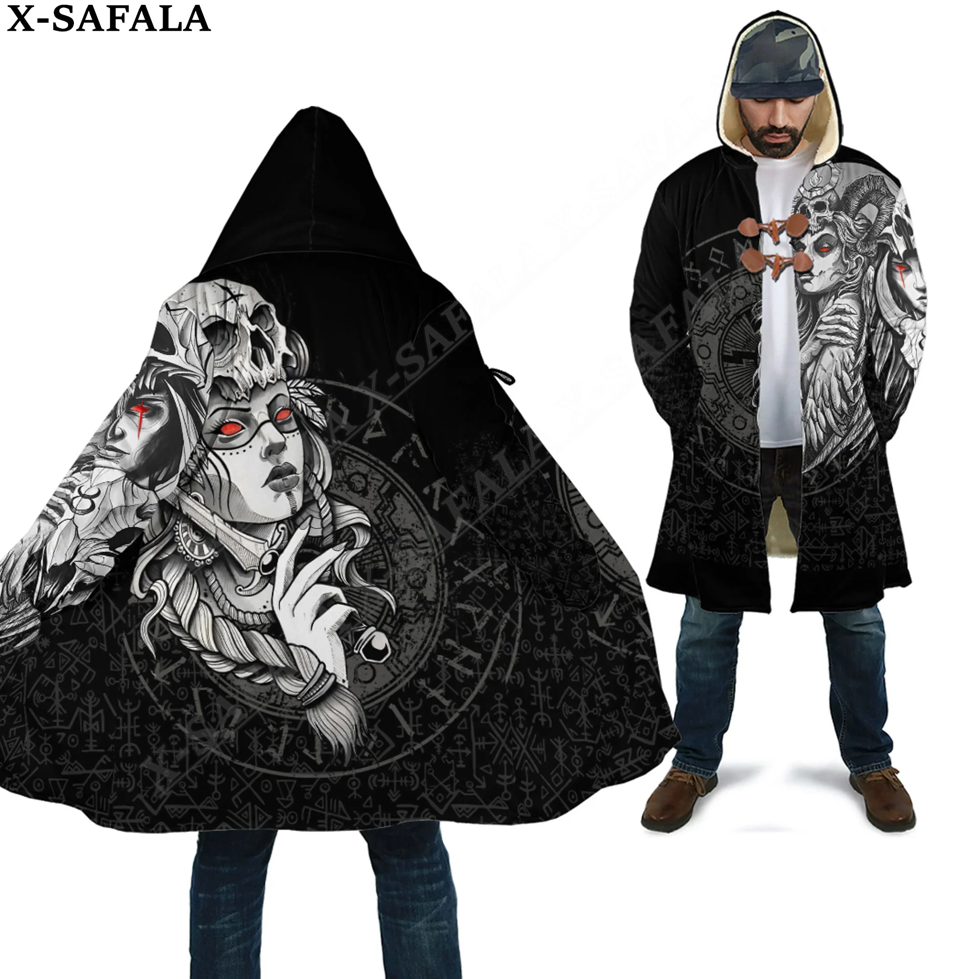 Valkyries Skull  Tattoo Symbol Viking Odin Overcoat Coat 3D Print Thick Warm Hooded Cloak  Men Windproof Fleece Unisex-1