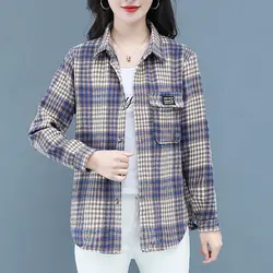 Women Spring and Autumn Fashion New Polo-Neck Thin Shirt Plaid Button Pockets Splicing Loose Commute Versatile Long Sleeves Tops